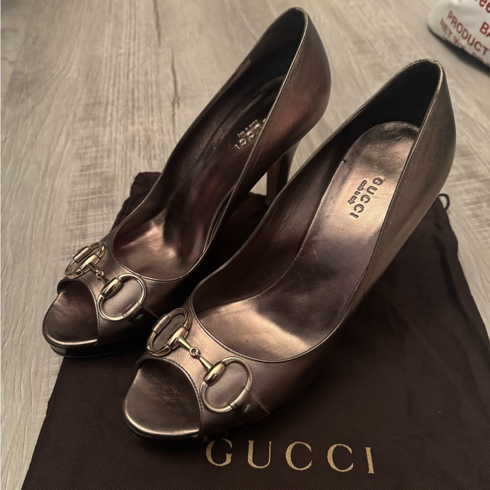 Gucci Women's Bronze Peep-Toe Heels